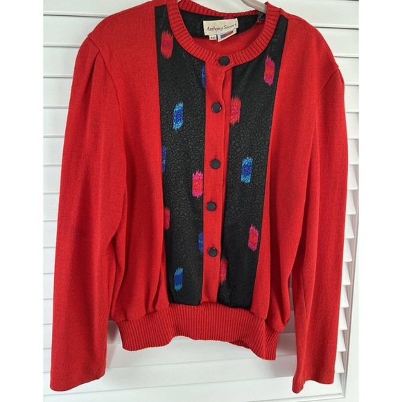 VTG Anthony Sicari Women's Sweater Long Sleeve Button Up Red/Black Sz 12 - Picture 1 of 10